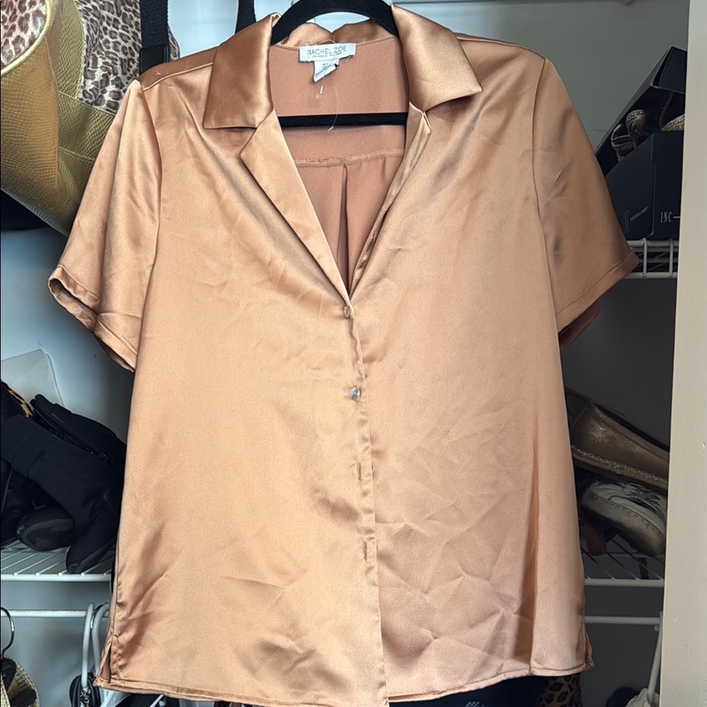 Rachel Zoe gold-tan satin  Button Down Shirt with Notched Collar NWOT
